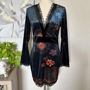 Womens Dress Medium Blue Velvet Floral Lace Bodycon Mini Whimsigoth Boho Fairy